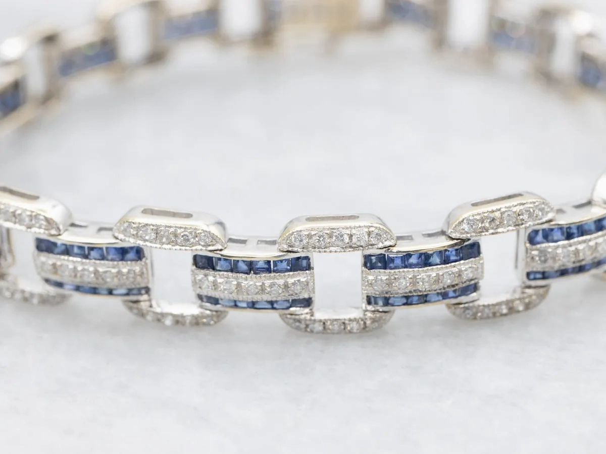 Sleek Gold Sapphire and Diamond Gemstone Link Bracelet