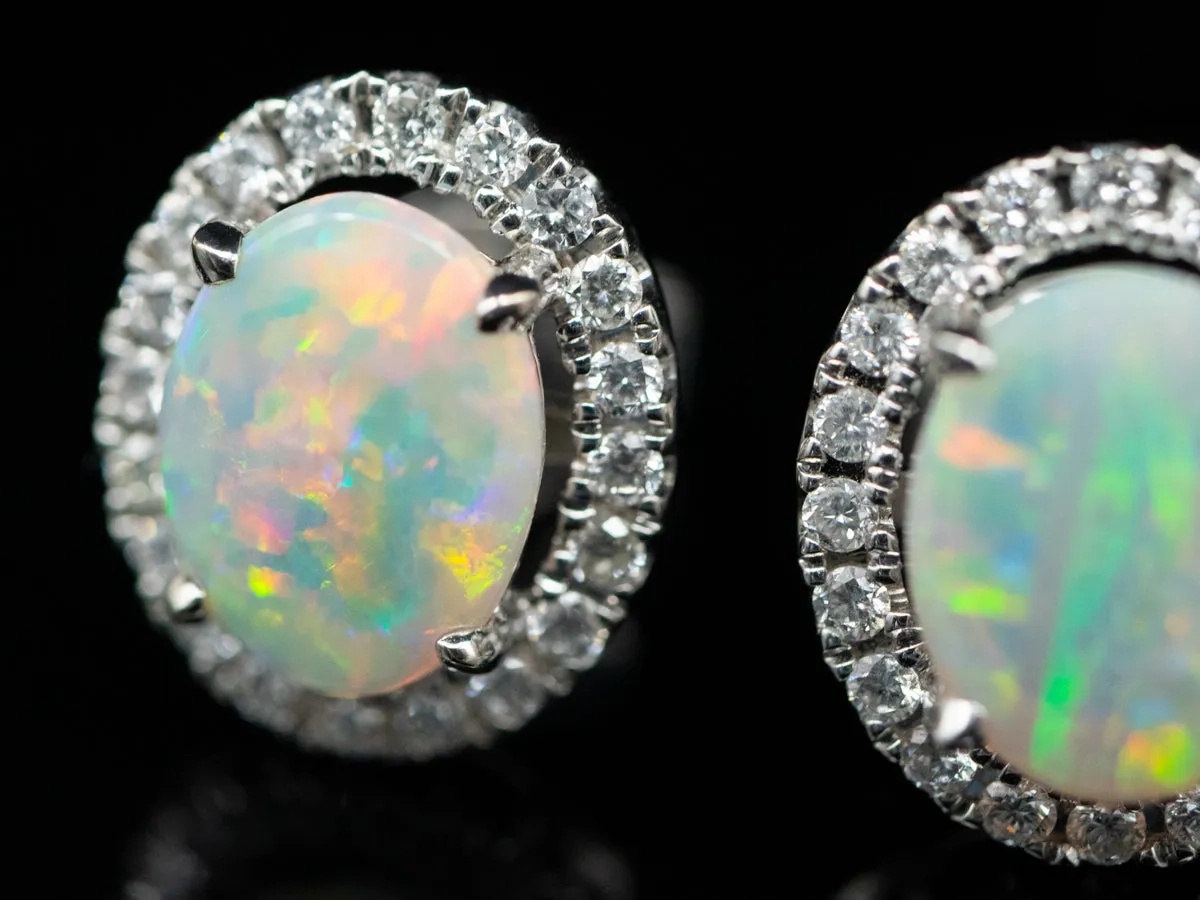 Sparkling Opal and Diamond Halo Stud Earrings