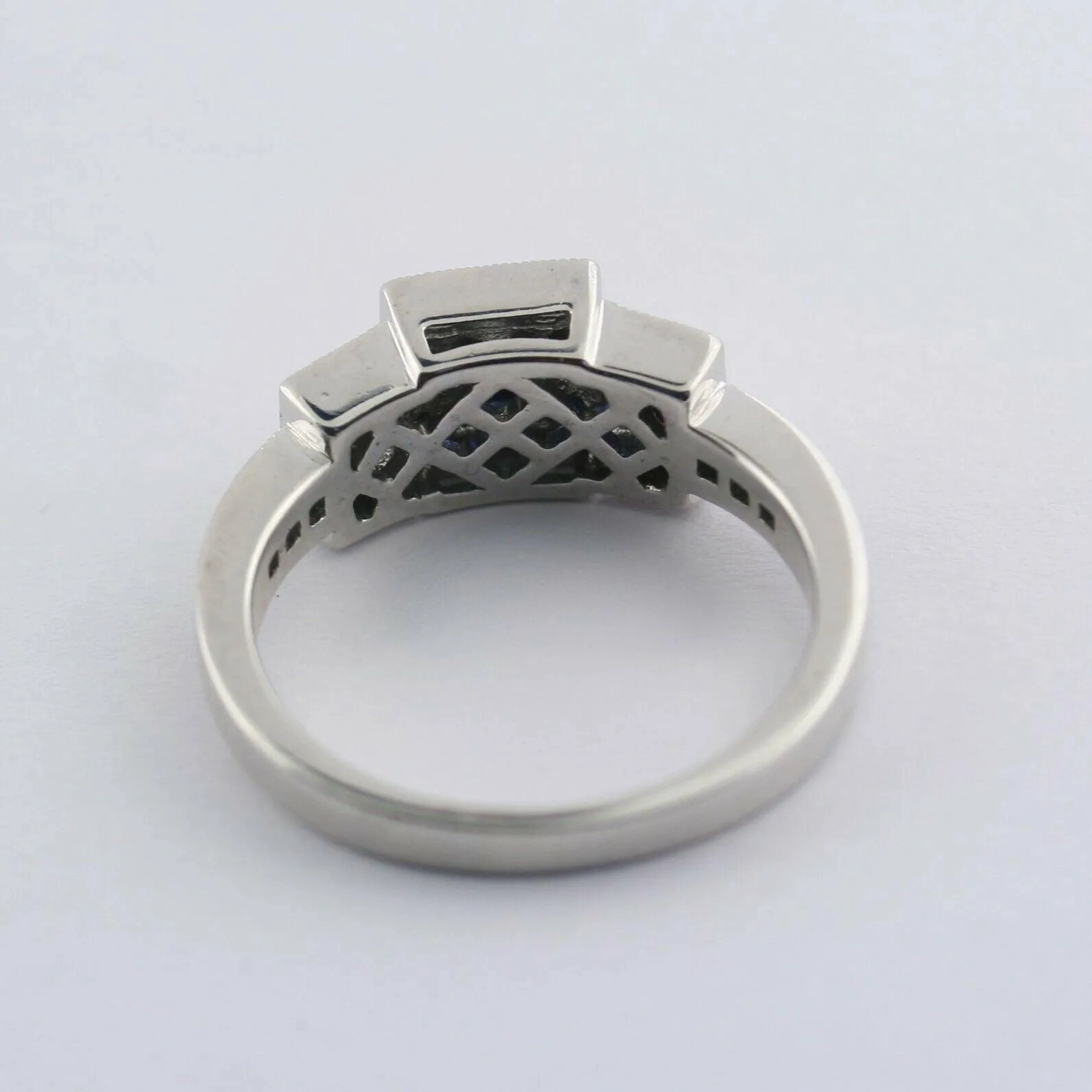 Square Halo Sapphire and Diamond Three Stone Ring 14K White Gold