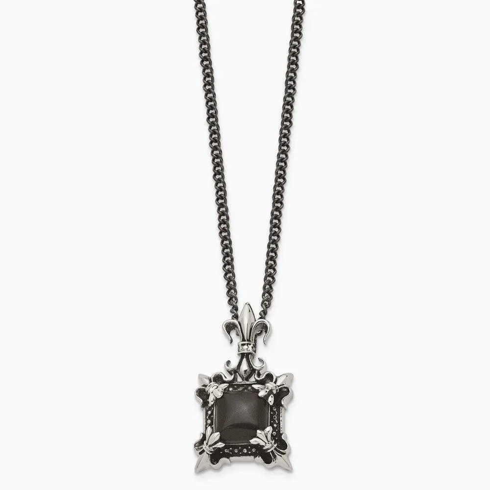 Stainless Steel Antiqued &amp; Black Agate &amp; Fleur de lis Necklace