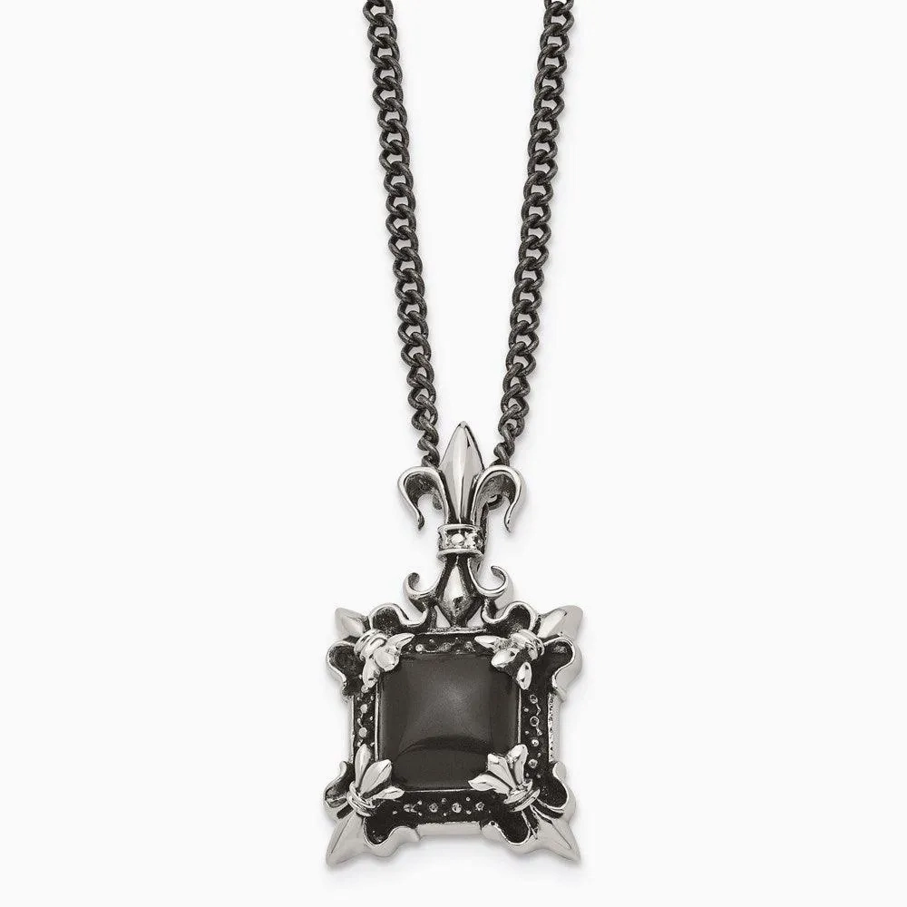 Stainless Steel Antiqued &amp; Black Agate &amp; Fleur de lis Necklace