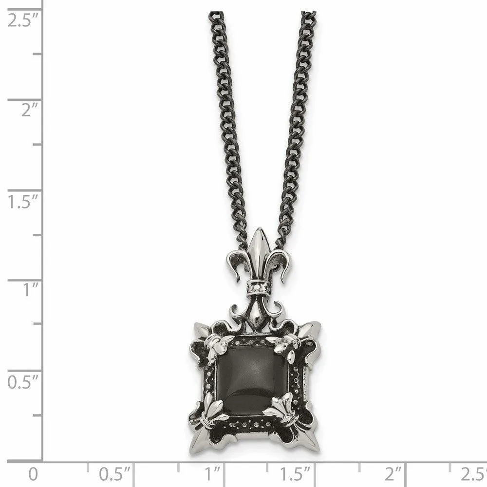 Stainless Steel Antiqued &amp; Black Agate &amp; Fleur de lis Necklace