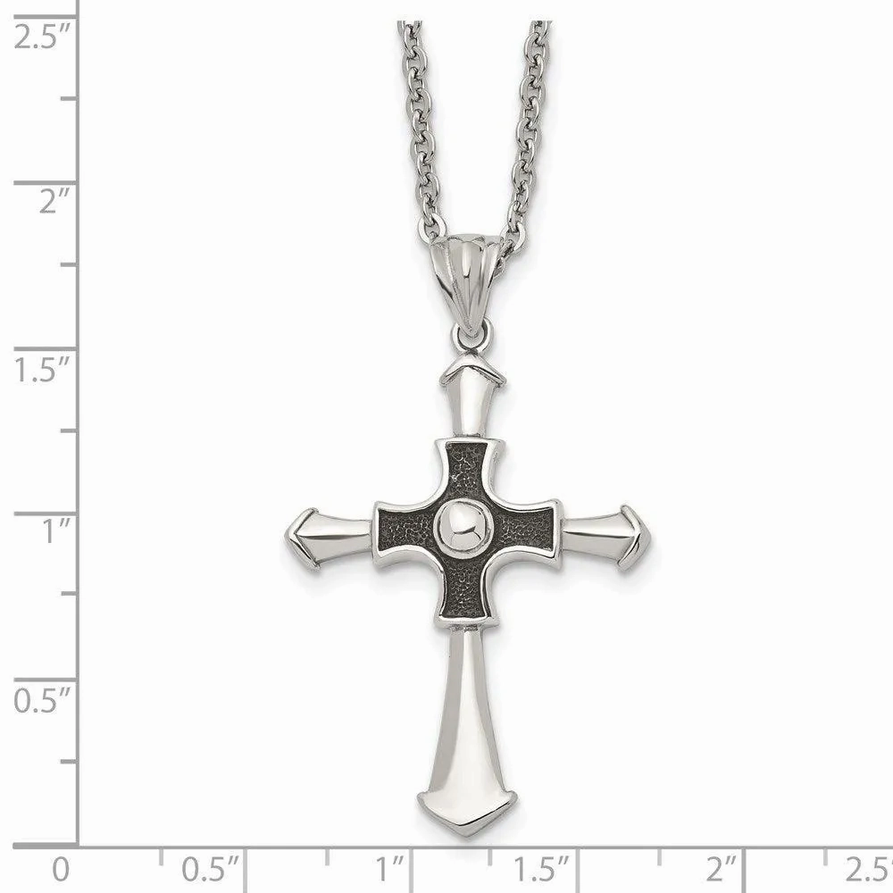 Stainless Steel Antiqued &amp; Polished Cross 22in Necklace