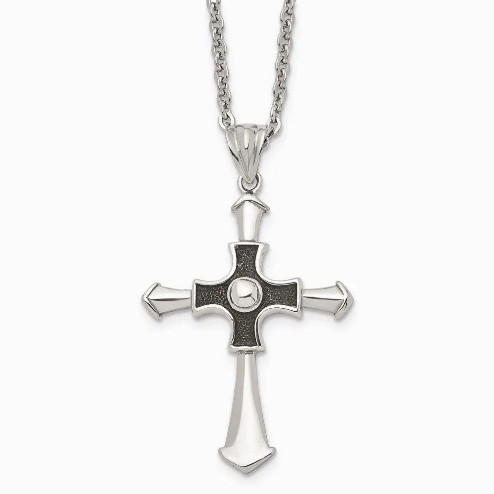 Stainless Steel Antiqued &amp; Polished Cross 22in Necklace
