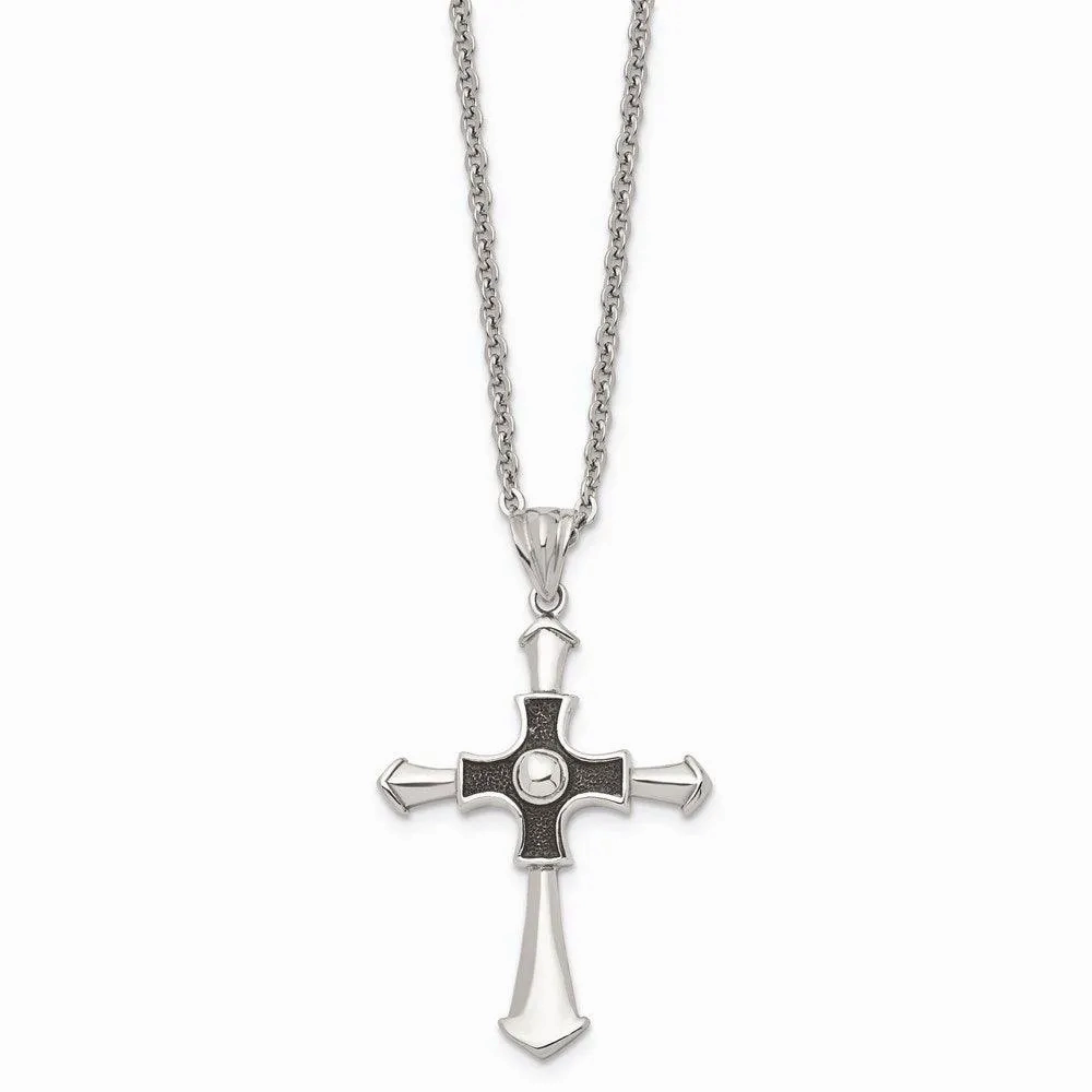 Stainless Steel Antiqued &amp; Polished Cross 22in Necklace