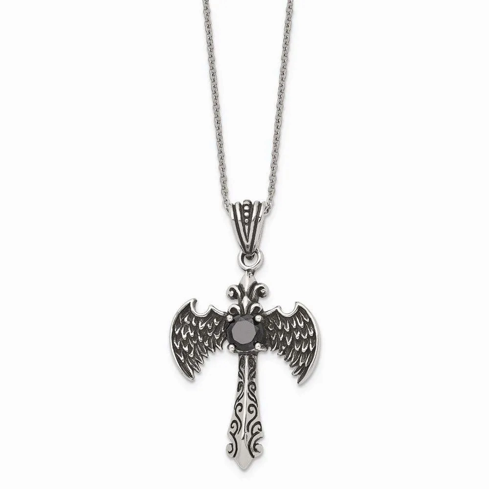 Stainless Steel Antiqued and Polished w/ Black CZ Cross Necklace