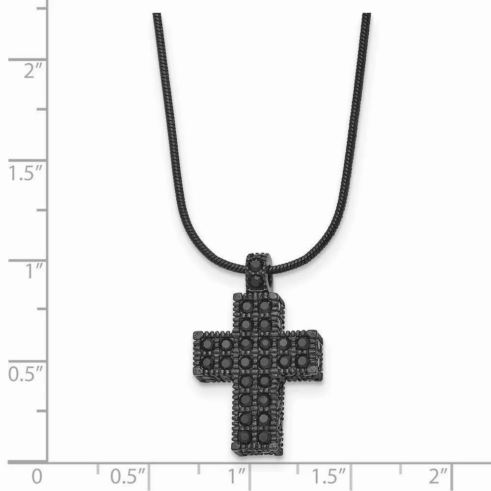Stainless Steel Black IP-plated Black Crystal Cross w/2in ext Necklace