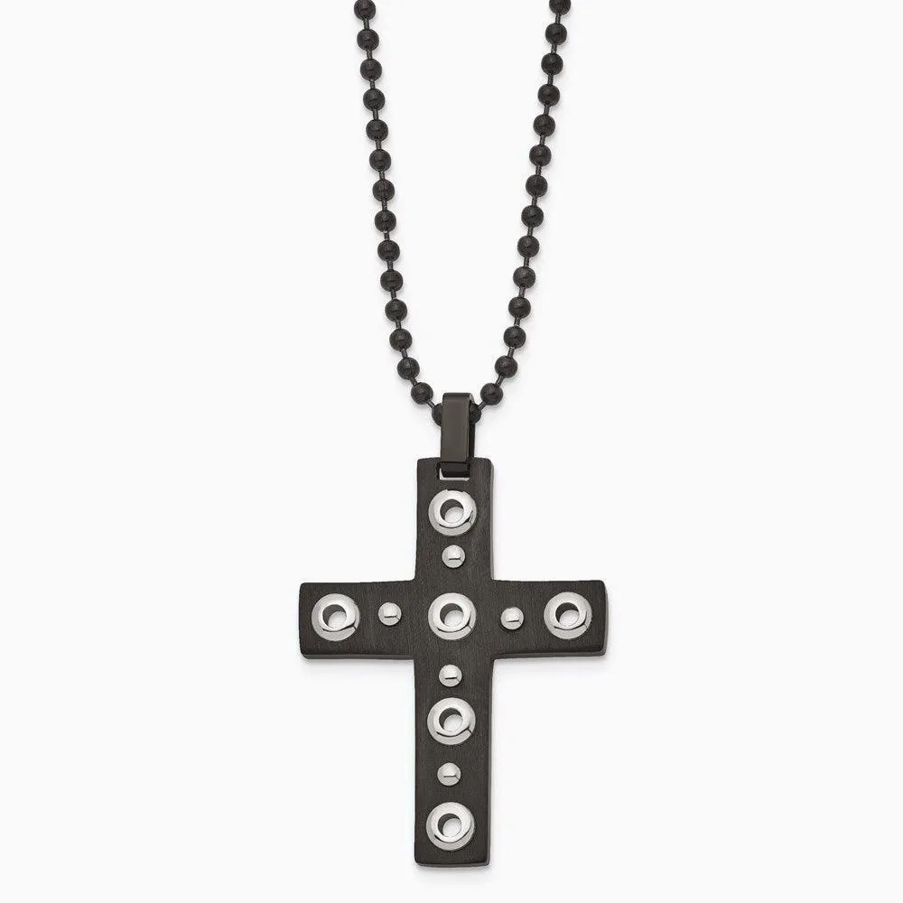 Stainless Steel Brushed and Polished Black IP-plated Cross Necklace