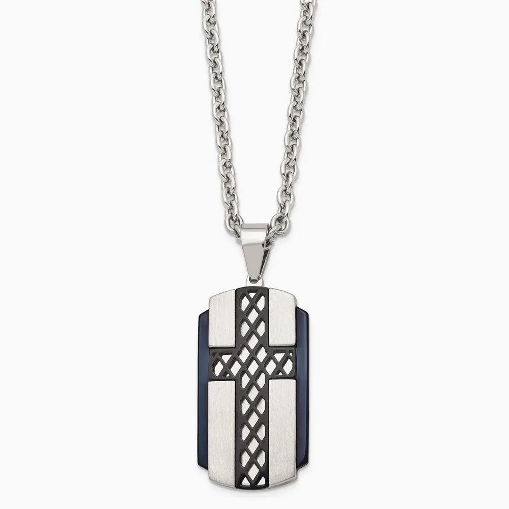 Stainless Steel Brushed and Polished Black IP-plated Cross Necklace