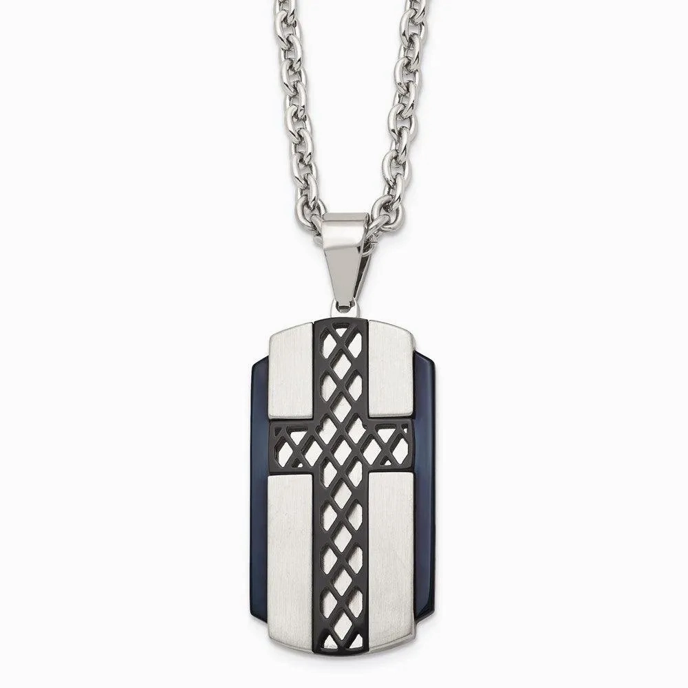 Stainless Steel Brushed and Polished Black IP-plated Cross Necklace