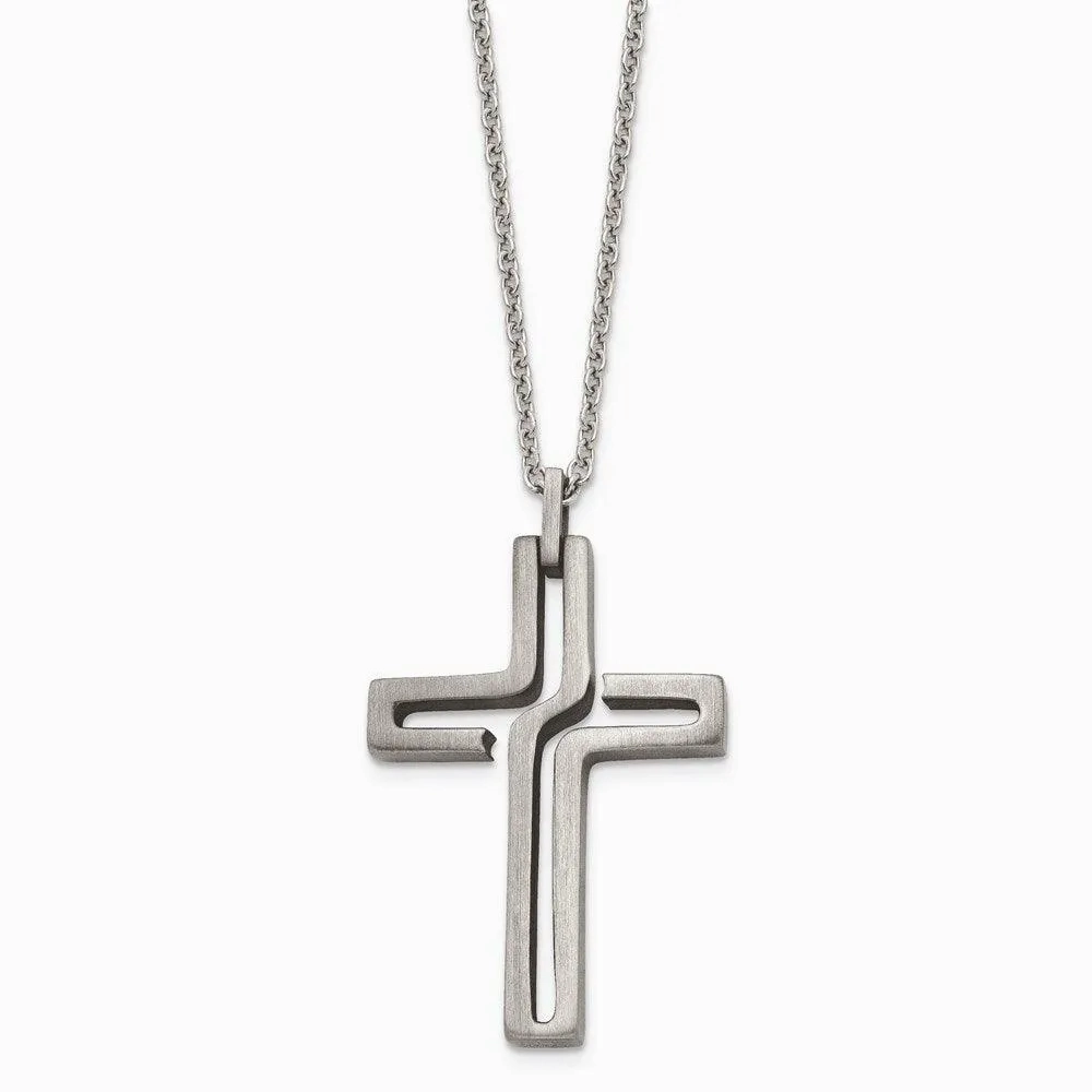 Stainless Steel Brushed Antiqued Cross Necklace