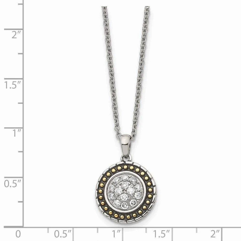 Stainless Steel CZ with Yellow IP-plated Antiqued Circle Necklace