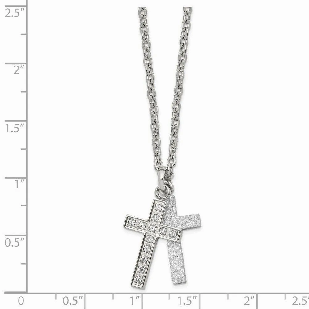 Stainless Steel Laser cut CZ Two Piece Cross Pendant Necklace