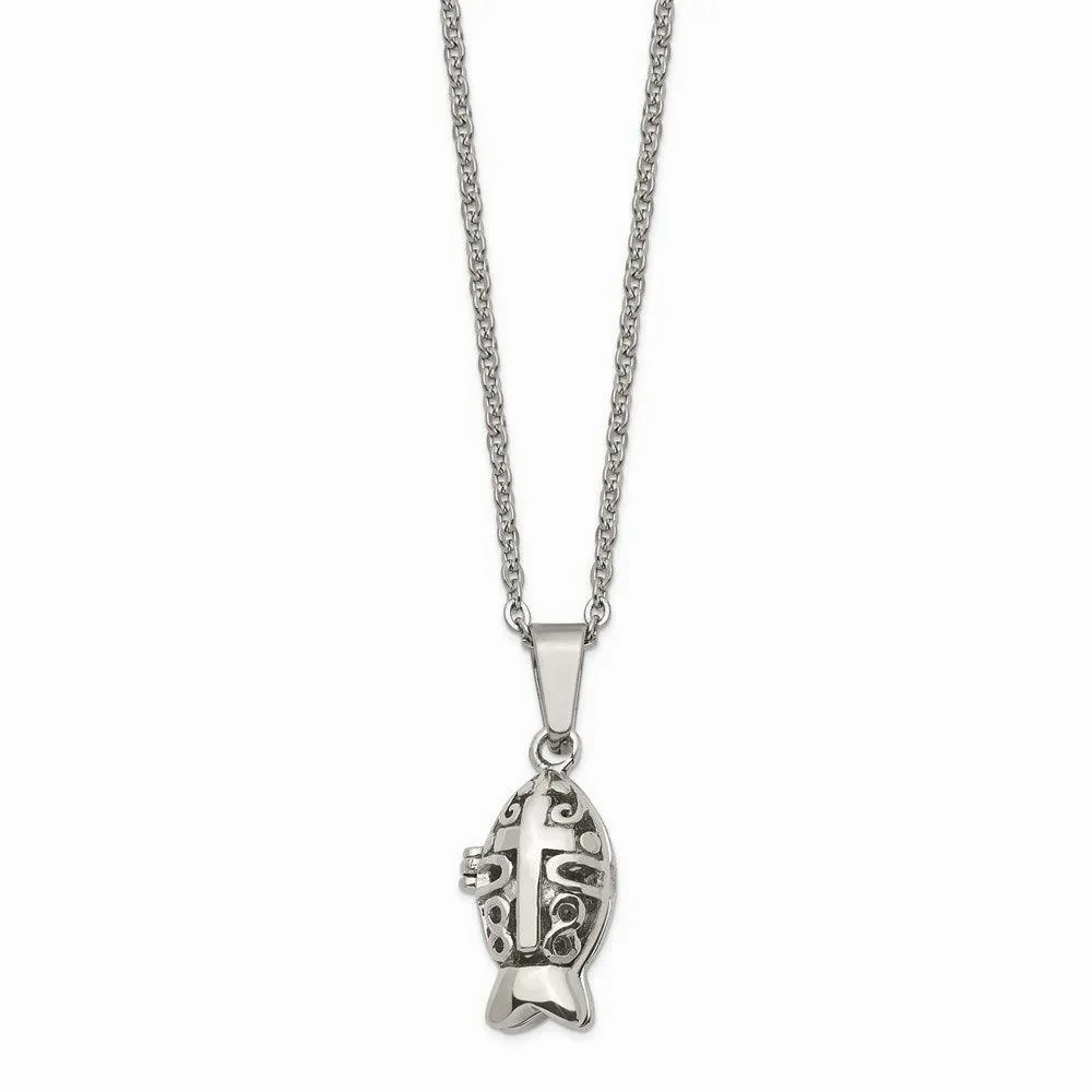 Stainless Steel Polished and Antiqued Magnetic Fish Necklace