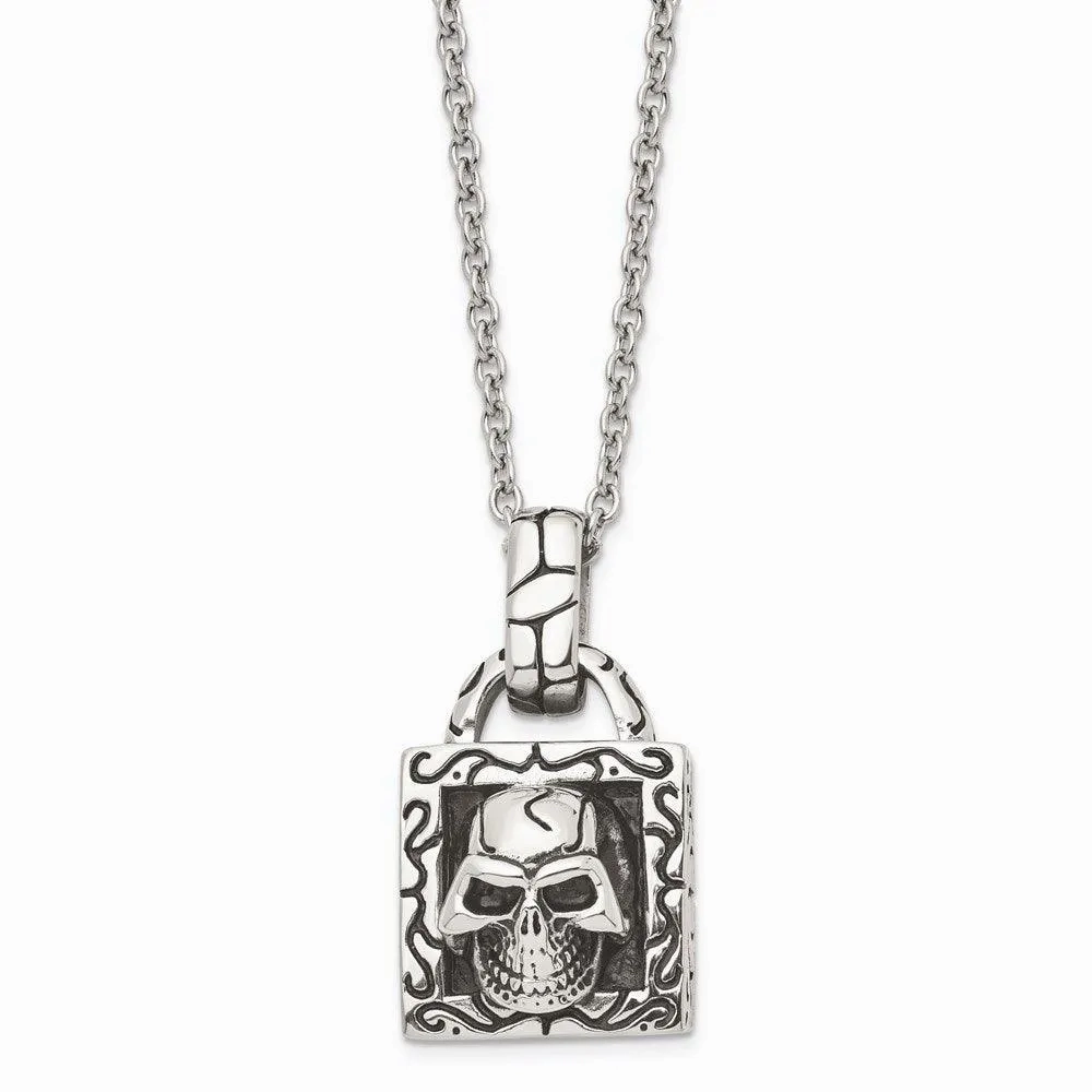 Stainless Steel Polished and Antiqued Skull Necklace