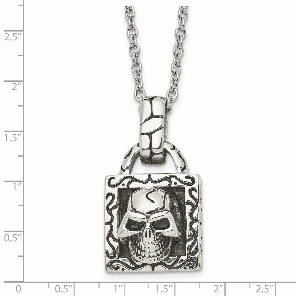 Stainless Steel Polished and Antiqued Skull Necklace