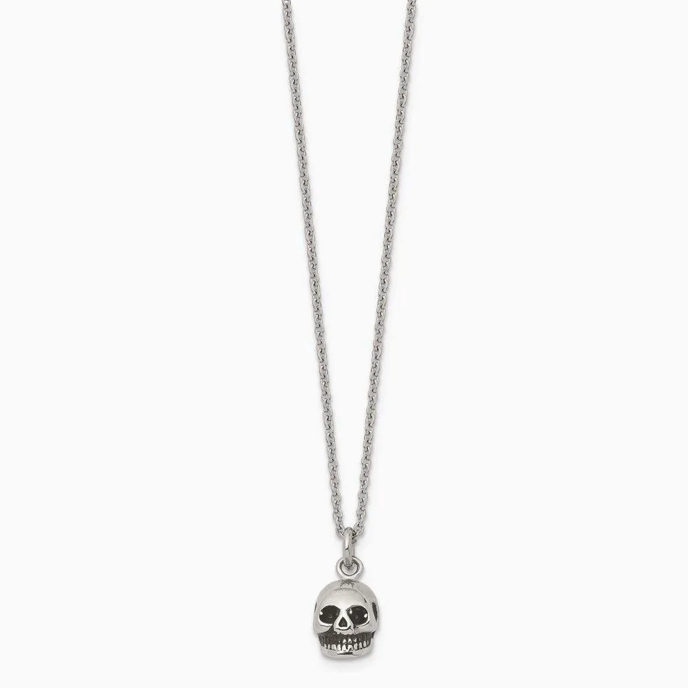 Stainless Steel Polished and Antiqued Skull Necklace