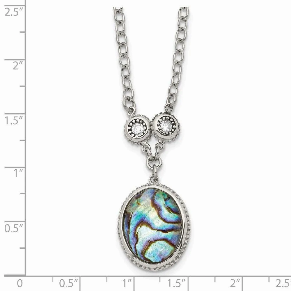 Stainless Steel Polished/Antiqued Imitation Abalone/CZw/1.5in ext. Necklac