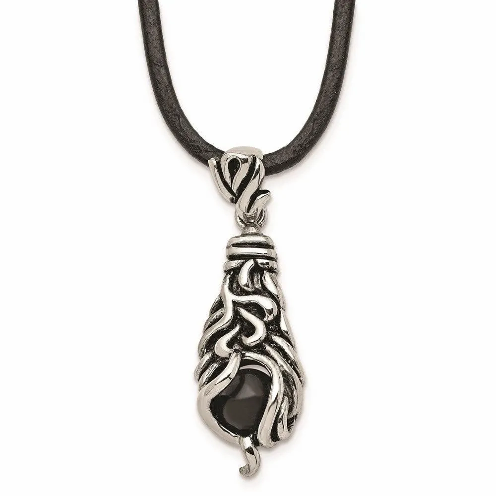 Stainless Steel Polished/Antiqued Moveable Black Agate Necklace