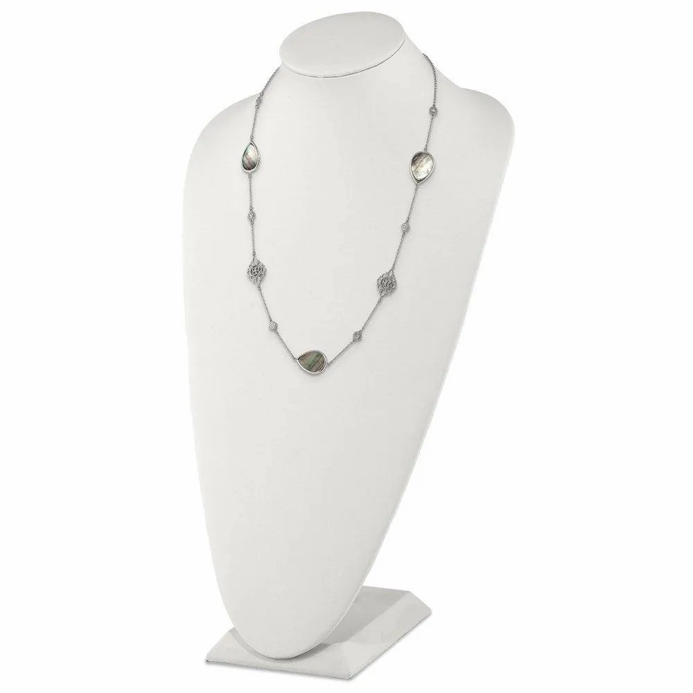Stainless Steel Polished Black MOP/CZ w/3in ext. Necklace