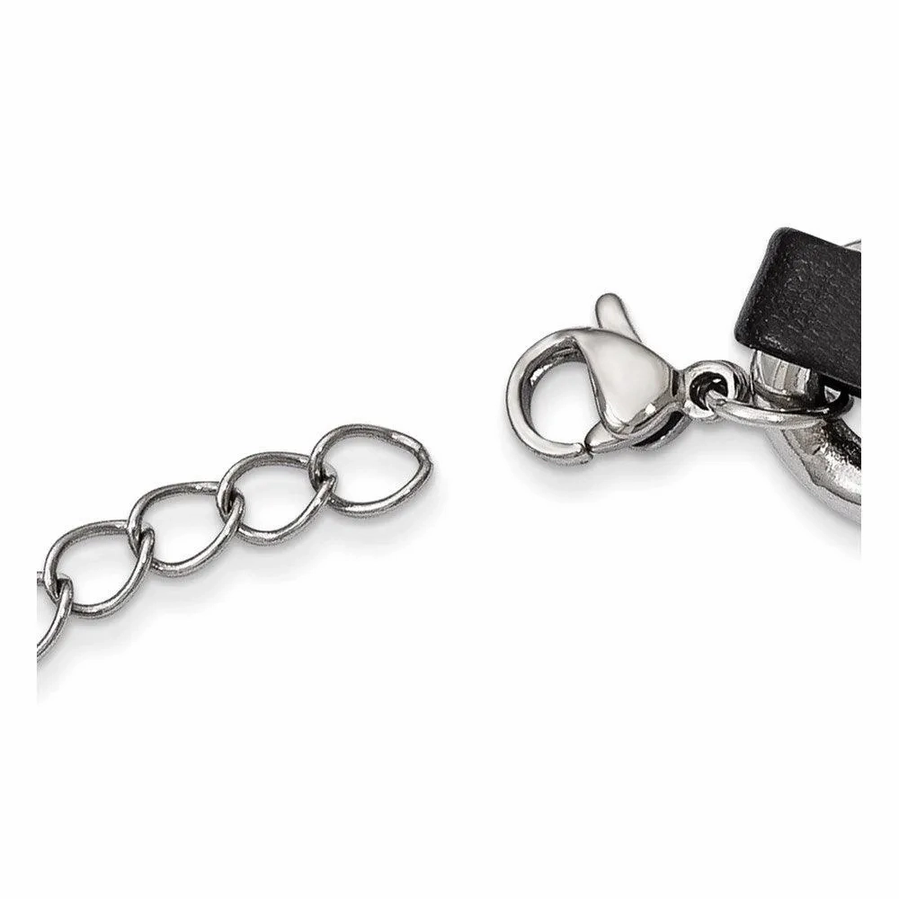 Stainless Steel Polished Blk Leather w/2in. Ext. Curb Choker Necklace