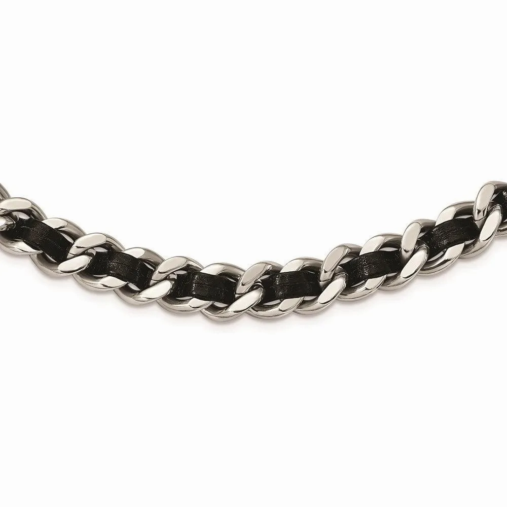 Stainless Steel Polished Blk Leather w/2in. Ext. Curb Choker Necklace