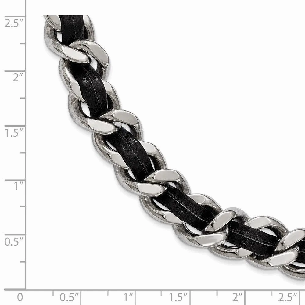 Stainless Steel Polished Blk Leather w/2in. Ext. Curb Choker Necklace