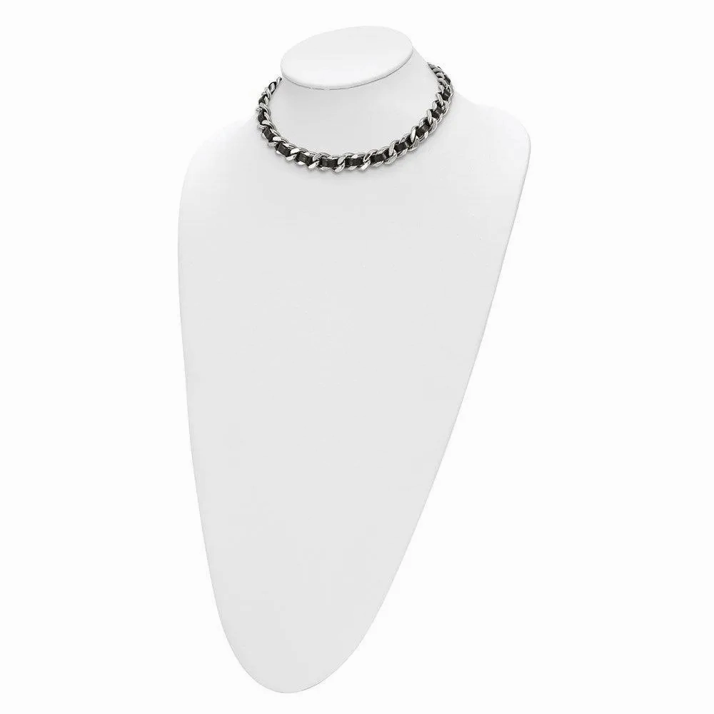 Stainless Steel Polished Blk Leather w/2in. Ext. Curb Choker Necklace