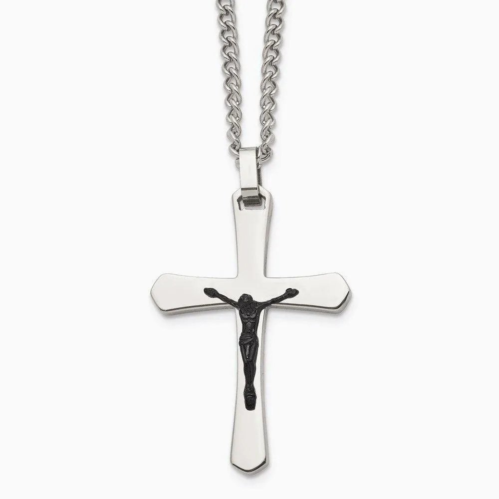 Stainless Steel Polished Cross w/Black IP Jesus Necklace