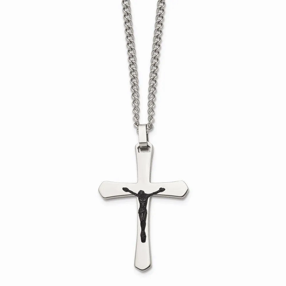 Stainless Steel Polished Cross w/Black IP Jesus Necklace