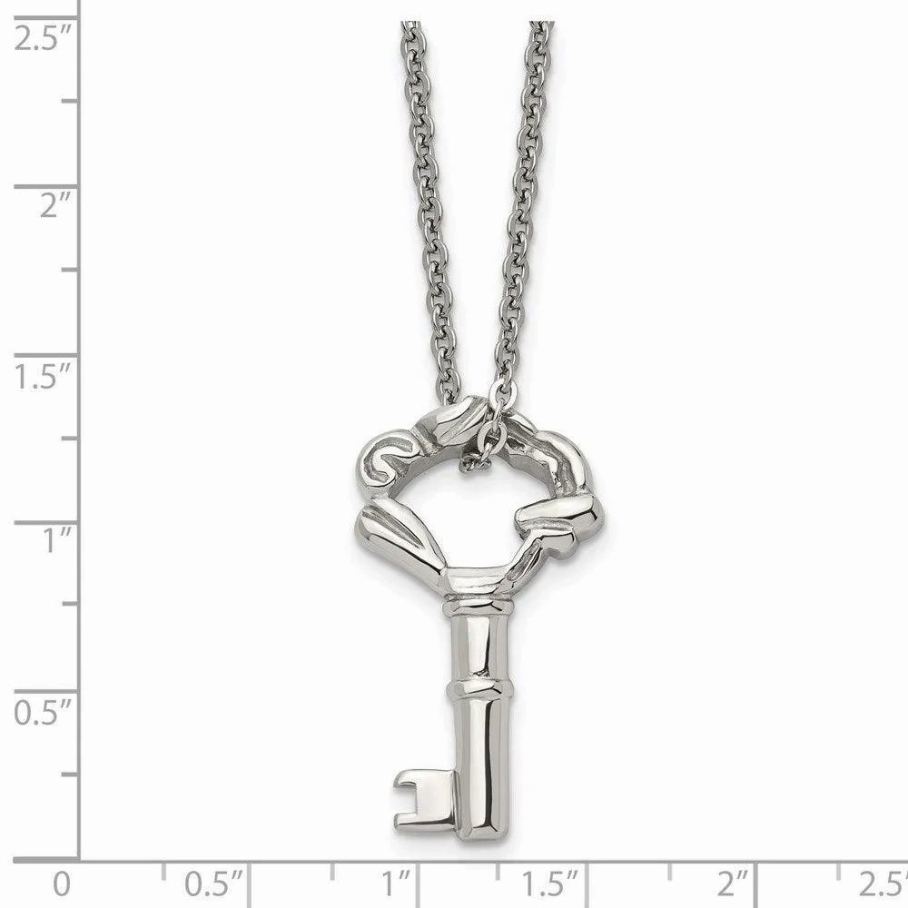 Stainless Steel Polished Fancy Key Pendant Necklace