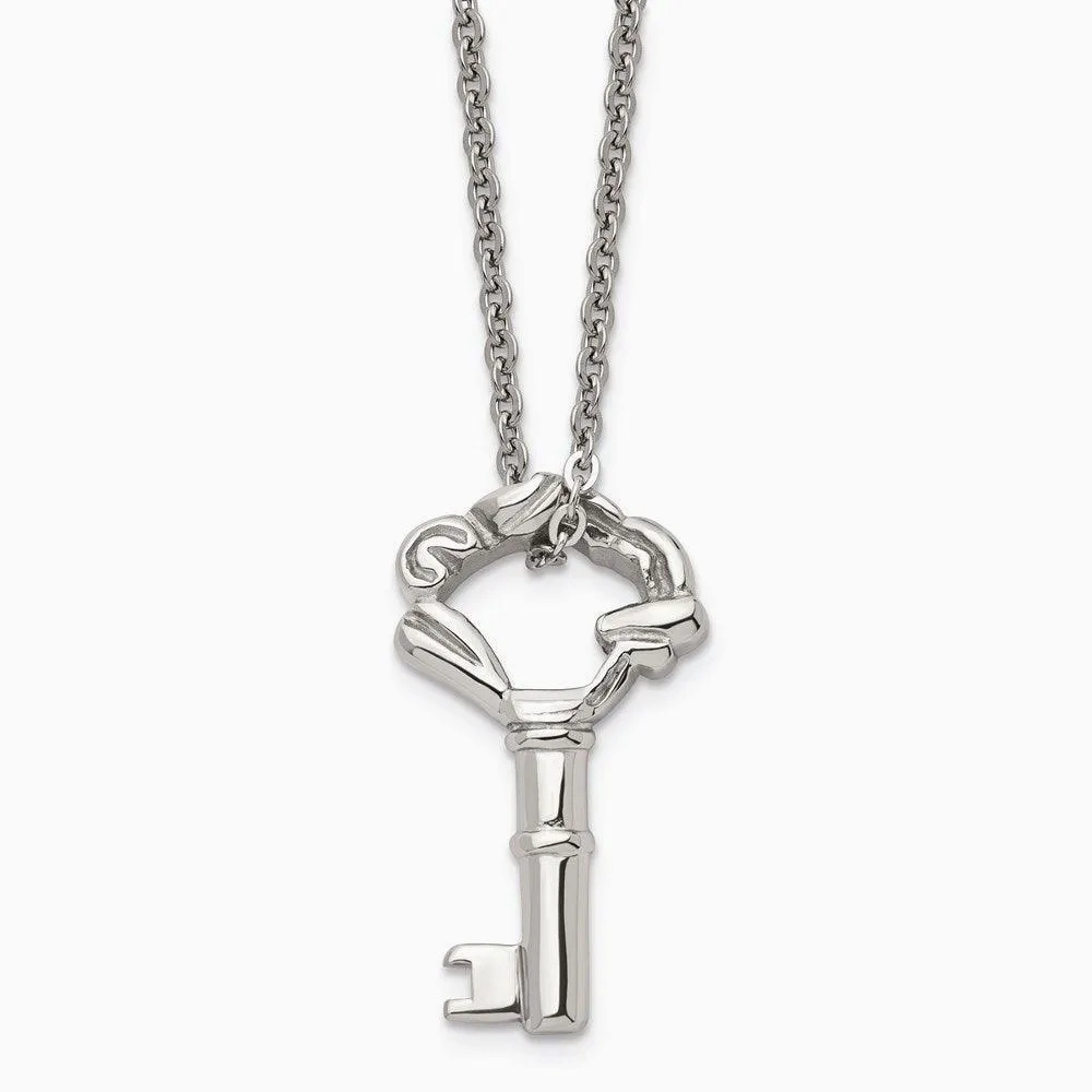 Stainless Steel Polished Fancy Key Pendant Necklace