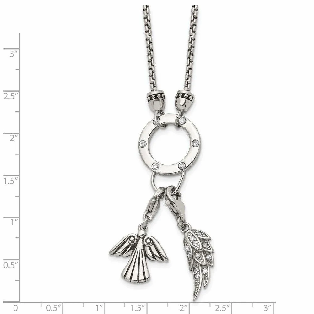 Stainless Steel Polished Feather &amp; Angel CZ Charms w/2in ext. Necklace
