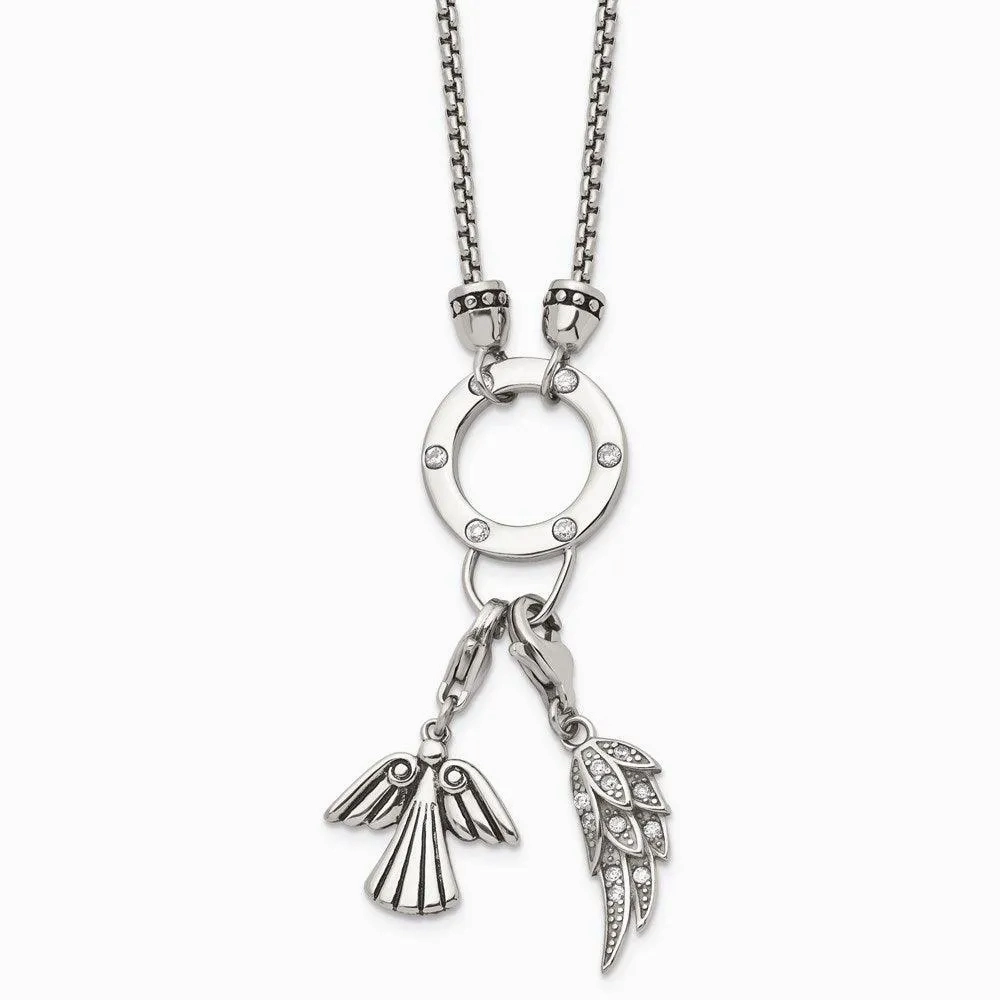 Stainless Steel Polished Feather &amp; Angel CZ Charms w/2in ext. Necklace