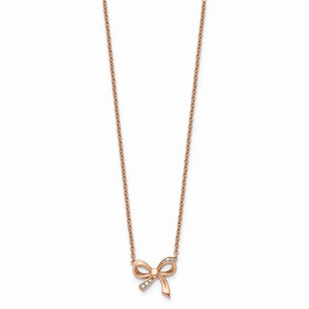 Stainless Steel Polished Pink IP plated CZ Bow with 1.75in ext. Necklace
