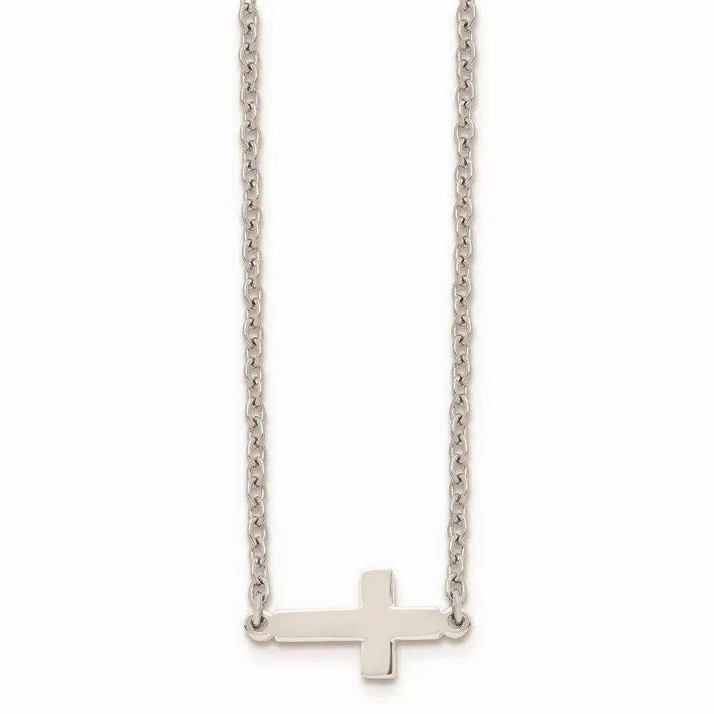 Stainless Steel Polished Sideways Cross 18in Necklace