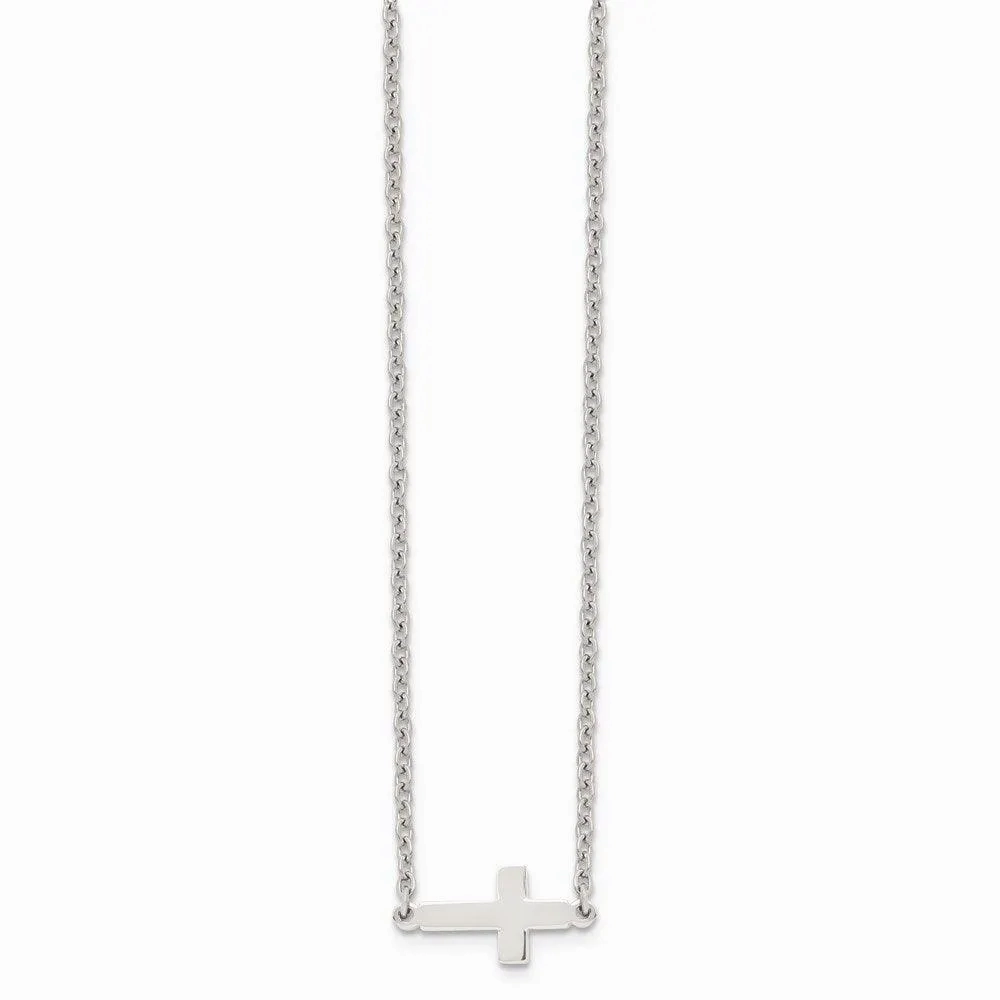 Stainless Steel Polished Sideways Cross 18in Necklace