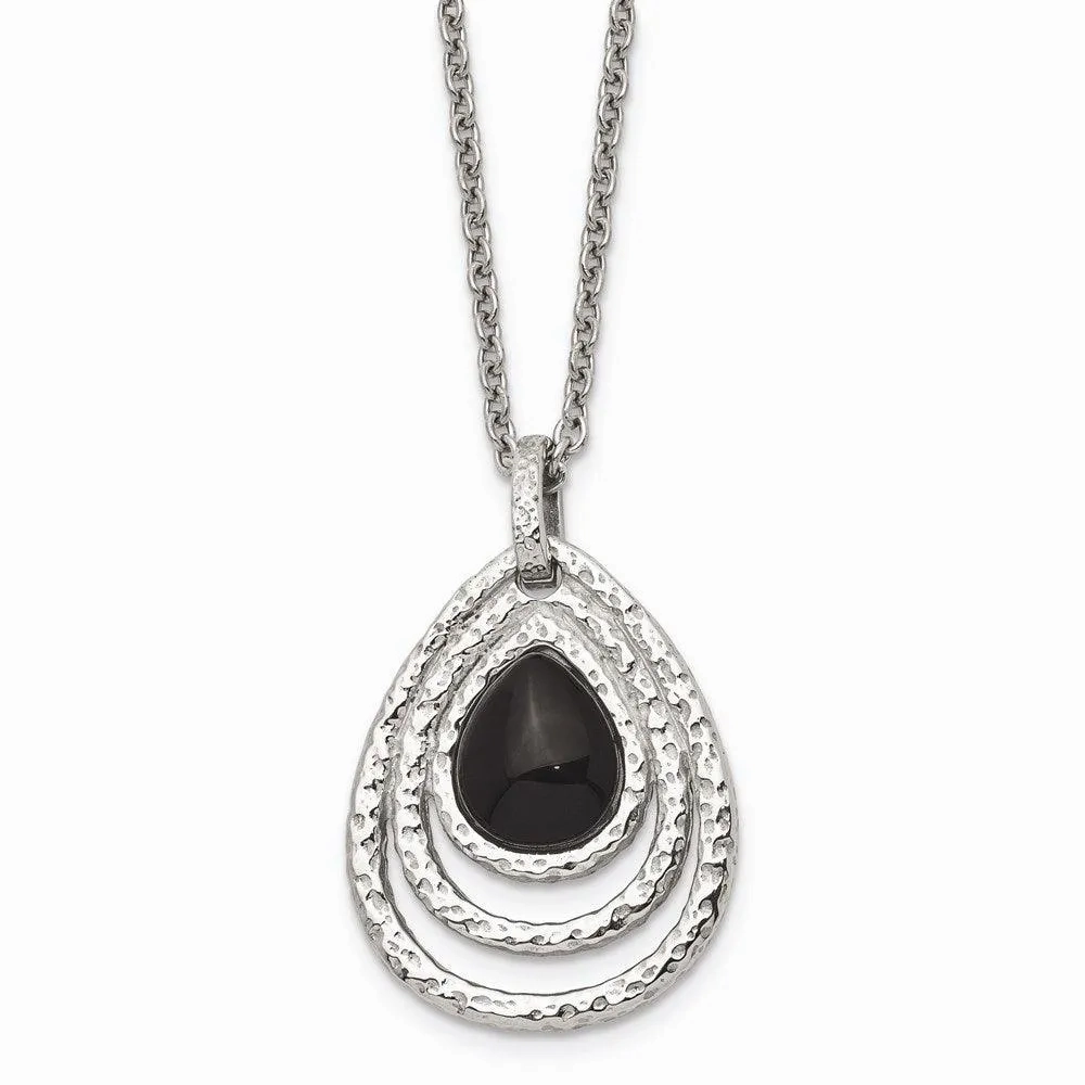 Stainless Steel Polished/Textured Black Onyx w/2in ext. Necklace