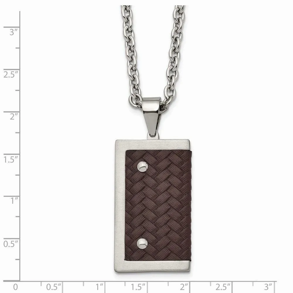 Stainless Steel Reversible Brushed &amp; Polished with Brown Leather Necklace