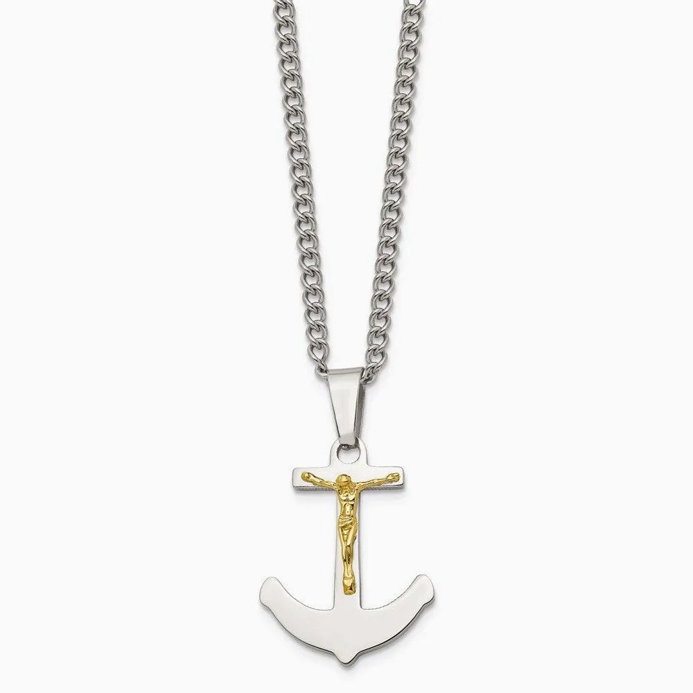 Stainless Steel w/14k Gold Crucifix Anchor Necklace