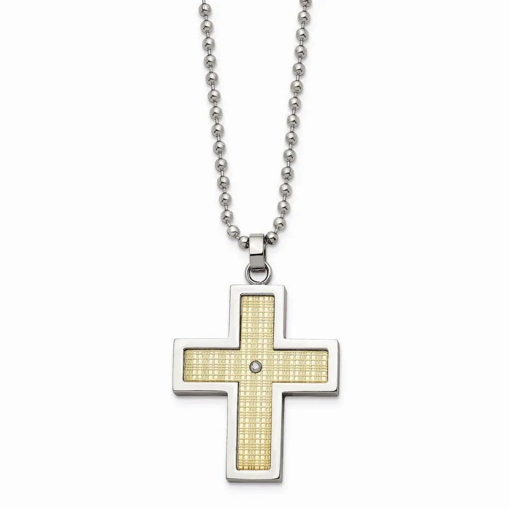 Stainless Steel w/18k Polished Textured Diamond Cross Necklace