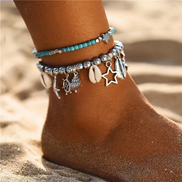 Starfish Pendant Anklets 2019 For Women New Stone Beads Shell Anklet Bohemian Bracelets On Leg BOHO Ocean Jewelry Drop Shipping
