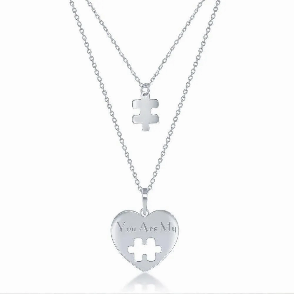 Sterling Silver 2PC; Puzzle Piece Necklace Set - 16 2 Inch You Are My Heart; 14 2 Puzzle Piece