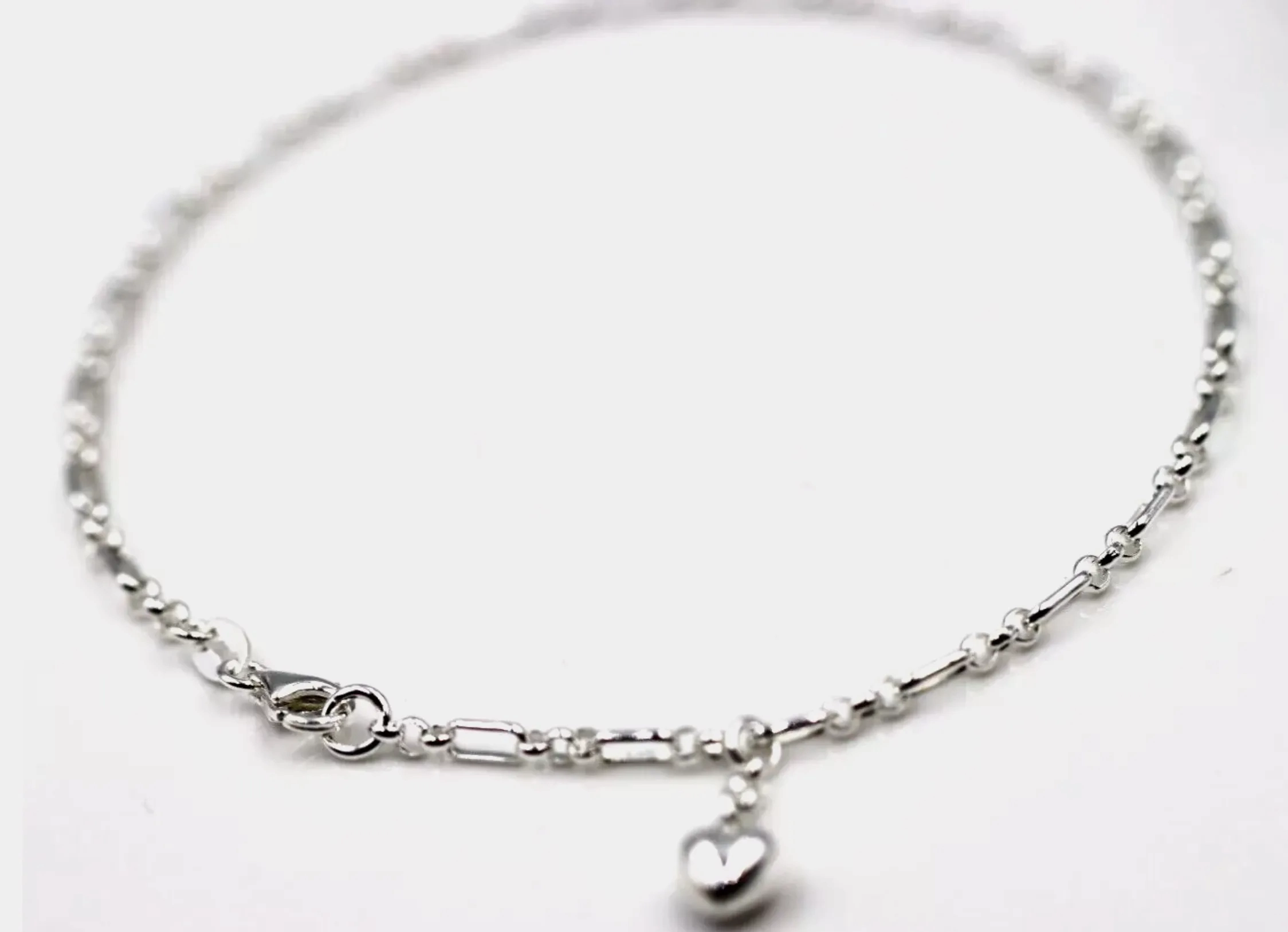 Sterling Silver 925 Figaro Belcher Anklet with Bubble Heart Charm 26cm