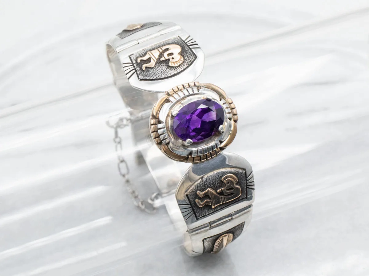 Sterling Silver and Gold Fill Amethyst Panel Link Bracelet with Native American Kokopelli Figures and Feathers