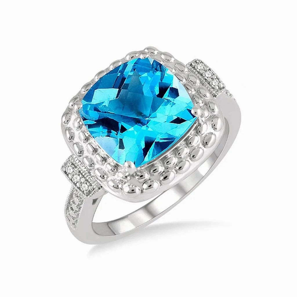 Sterling Silver Cushion Shape Blue Topaz And Diamond Ring