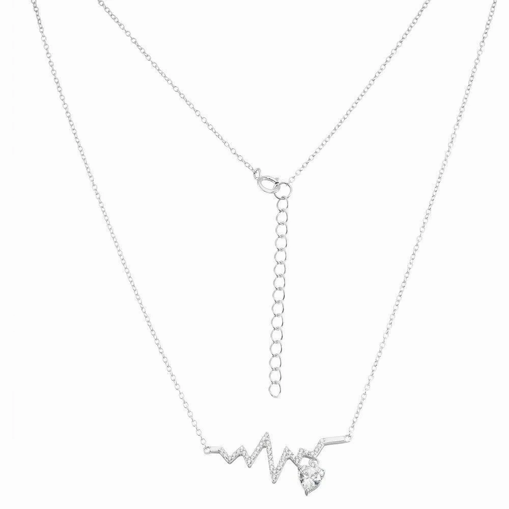 Sterling Silver CZ Heartbeat with Dangling Heart CZ Necklace