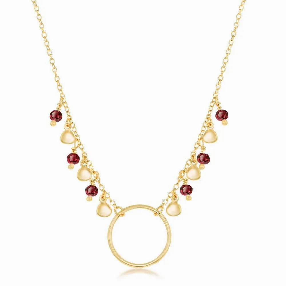 Sterling Silver Dangling Garnet &amp; Discs with Open Circle Necklace