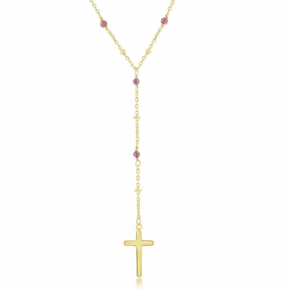 Sterling Silver Garnet &amp; Plain Beads by the Yard Cross Rosary Necklace -Gold Plated