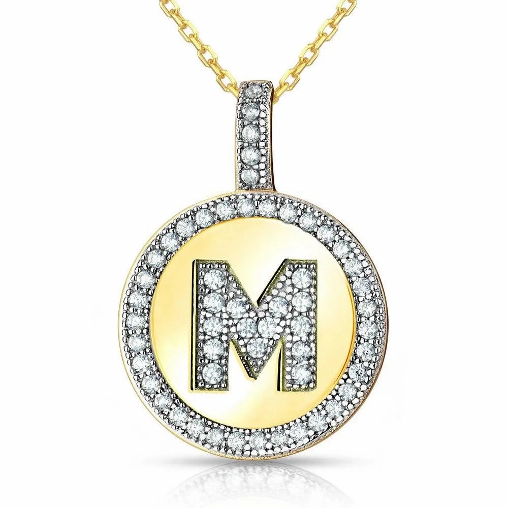 Sterling Silver Gold Plated Circle &quot;M&quot; Pendant with Chain